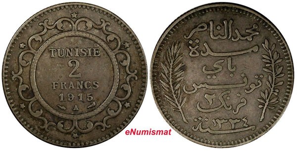 Tunisia Muhammad V Silver 1334 (1915) A 2 Francs VF Toned KM# 239 (18 907)