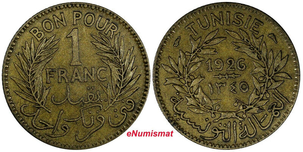 Tunisia 1345 (1926) 1 Franc Chambers of Commerce KEY DATE ch.XF KM# 247(18 910)