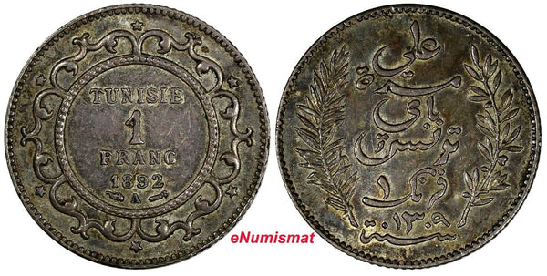 Tunisia Ali III Silver 1309 (1892) A 1 Franc aUNC Toning KM# 224 (18 923)