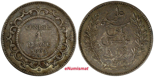 Tunisia Ali III Silver 1309 (1892) A 1 Franc aUNC Toning KM# 224 (18 926)