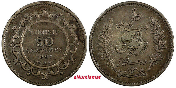 Tunisia Ali III Silver 1309 (1891) A 50 Centimes 1st Year Type XF  KM# 223 (944)