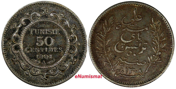 Tunisia Ali III Silver 1309 (1891) A 50 Centimes 1st Year Type XF  KM# 223 (945)