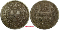 Tunisia  Silver 1358 (1939) 5 Francs Paris Mint Toned 1 YEAR TYPE KM# 264 (967)