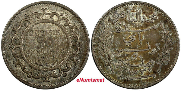 TUNISIA Muhammad V Silver AH1330 1912 50 Centimes aUNC Nice Toned KM# 237 (973)