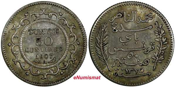 TUNISIA Muhammad V Silver AH1325 1907 50 Centimes 1st Year aUNC KM# 237 (974)