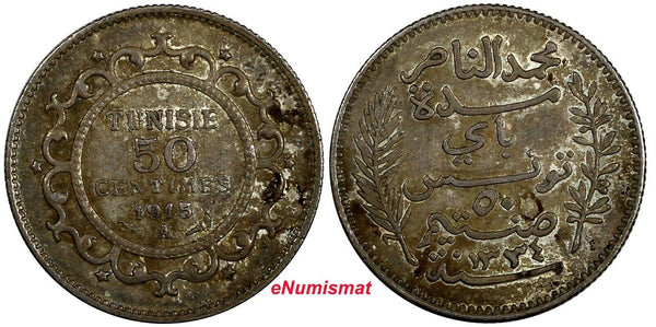 TUNISIA Muhammad V Silver AH1334 1915 50 Centimes XF Toned KM# 237 (18 979)