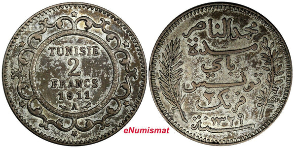 Tunisia Muhammad V Silver 1329 (1911) A 2 Francs XF KM# 239 (18 984)