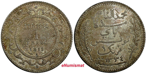 Tunisia Muhammad V Silver AH1334 (1915) A 1 Franc UNC Toned KM# 238 (18 992)