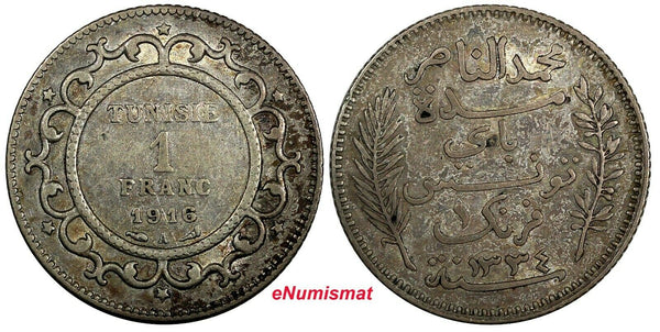 Tunisia Muhammad V Silver AH1334 (1916) A 1 Franc KM# 238 (18 996)