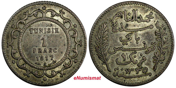 Tunisia Muhammad V Silver AH1335 (1917) A 1 Franc Toning KM# 238 (18 999)