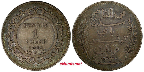 Tunisia Muhammad V Silver AH1330 (1912) A 1 Franc  Toned  KM# 238 (19 001)