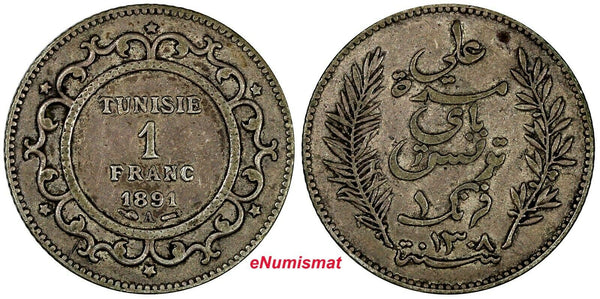 Tunisia Ali III Silver 1308 (1891) A 1 Franc Toned KM# 224 (19 021)