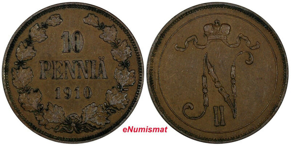 Finland Nicholas II Copper 1910 10 Pennia Mintage-241,000 KM# 14 (19 042)