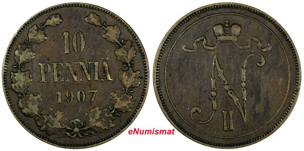 Finland Nicholas II Copper 1907 10 Pennia Mintage-503,000 KM# 14 (19 043)