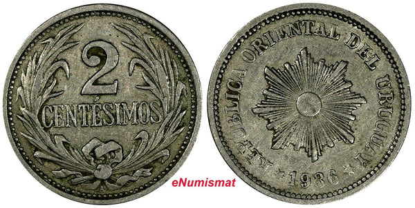 Uruguay Copper-Nickel 1936 A 2 Centesimos Vienna Mint Austria  XF KM# 20 (049)