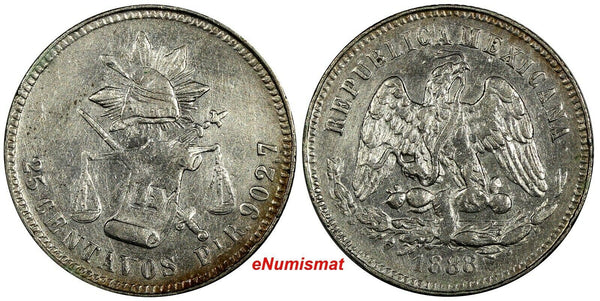 MEXICO Silver 1888 Pi R 25 Centavos San Luis Potosi Mint-106,000 KM#406.8 (056)