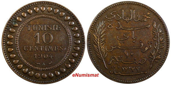 Tunisia Muhammad IV Bronze 1904 A 10 Centimes Toned KM# 229 (19 059)