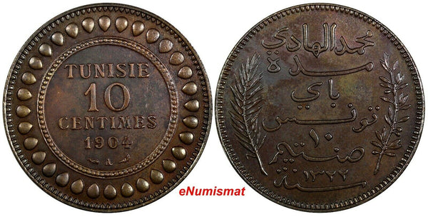 Tunisia Muhammad IV Bronze 1904 A 10 Centimes Nice Toned KM# 229 (19 060)