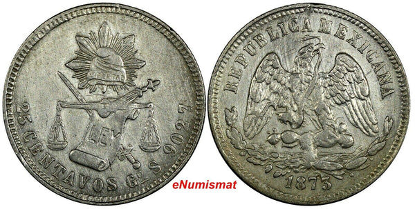 MEXICO Silver 1873 Go S 25 Centavos Guanajuato Mint-120,000 XF KM#406.5 (19 066)