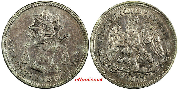 MEXICO Silver 1873 Go S 25 Centavos Guanajuato Mint-120,000 aUnc KM#406.5 (067)