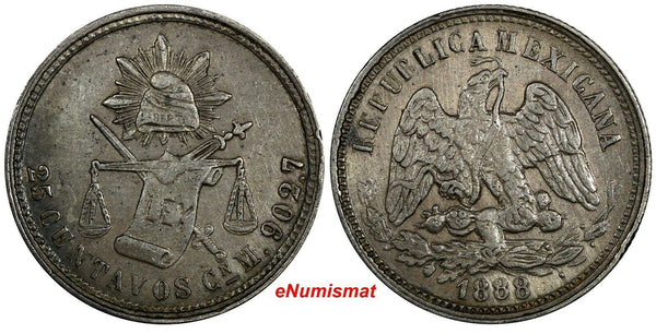 MEXICO Silver 1888 CN M 25 Centavos Culiacan Mint-86,000 Toned KM#406.2 (19 070)