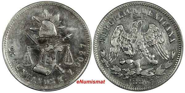 MEXICO Silver 1886 ZS Z 25 Centavos Zacatecas Mint-309,000 SCARCE KM#406.9 (080)