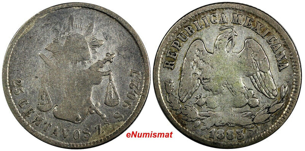 MEXICO Silver 1883/2 ZS S 25 Centavos Zacatecas SCARCE OVERDATE KM#406.9 (082)