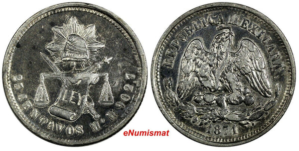 MEXICO Silver 1871 Mo M 25 Centavos Mexico Mint -138,000 KM#406.7 (19 083)