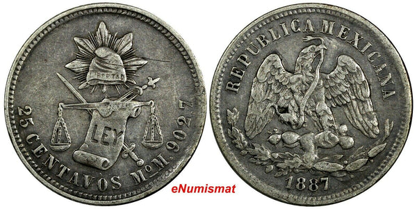 MEXICO Silver 1887 Mo M 25 Centavos Mexico Mint -376,000 KM#406.7 (19 085)