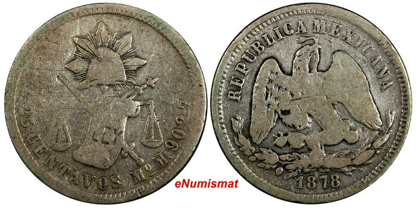 MEXICO Silver 1878/ 7 Mo M 25 Centavos OVERDATE Mexico Mint-120,000 KM#406.7 (4)