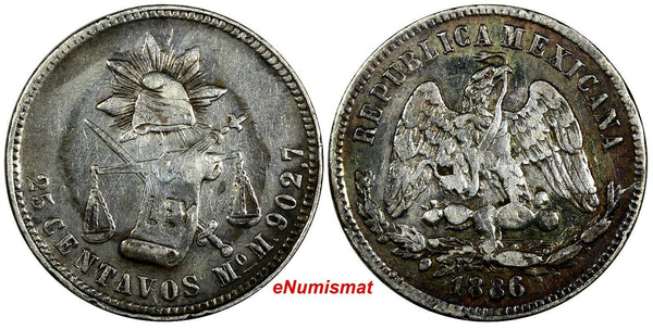 MEXICO Silver 1886 Mo M 25 Centavos Mexico Mint-436,000 VF KM#406.7 (19 095)