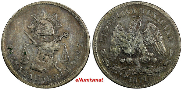 MEXICO Silver 1871 ZS H 25 Centavos Zacatecas Mint-250,000 SCARCE KM#406.9 (100)