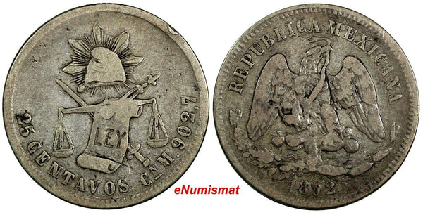 MEXICO Silver 1892 Cn M 25 Centavos Culiacan Mint -16,000 SCARCE KM#406.2 ( 106)