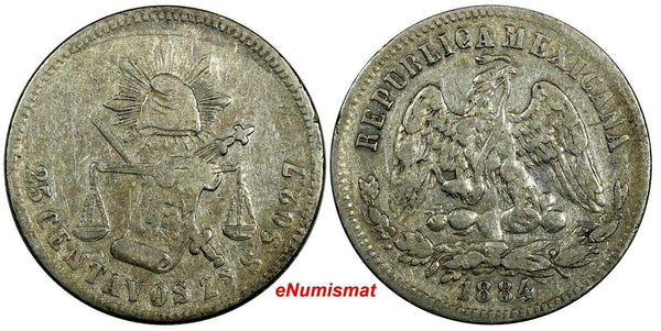 MEXICO Silver 1884 ZS S 25 Centavos Zacatecas Mint SCARCE KM#406.9 (107)