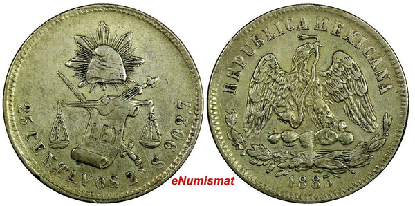 MEXICO Silver 1885 ZS S 25 Centavos Zacatecas Mint-309,000 SCARCE KM#406.9 (109)