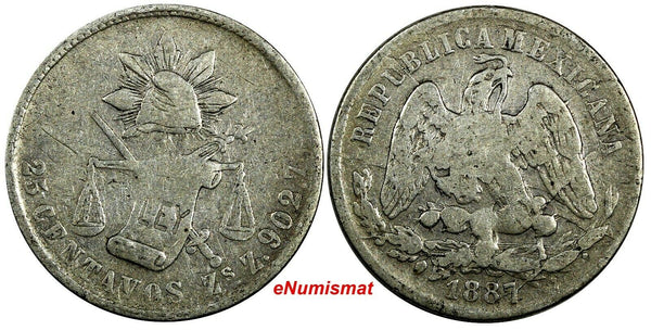 MEXICO Silver 1887 ZS Z 25 Centavos Zacatecas Mint-389,000 SCARCE KM#406.9 (113)