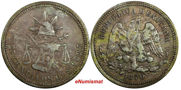 MEXICO Silver 1870 Go S 25 Centavos Guanajuato Mint-128,000 KM# 406.5 (19 123)