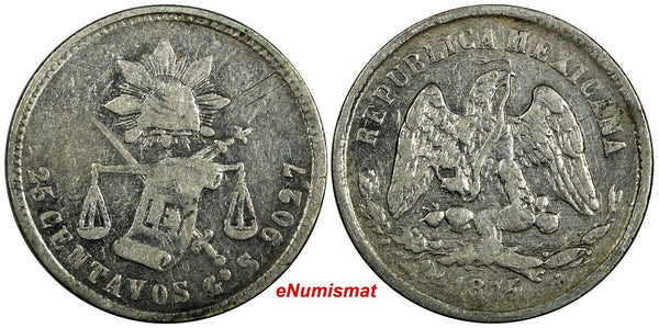 MEXICO Silver 1875/4 Go S 25 Centavos OVERDATE Guanajuato Mint KM#406.5 (19 124)