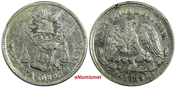 MEXICO Silver 1883 Go B 25 Centavos Guanajuato Mint-168,000 KM#406.5 (19 125)