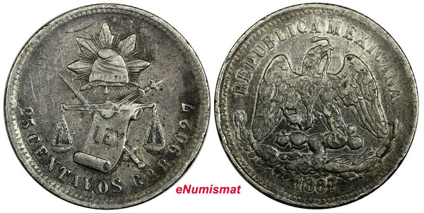 MEXICO Silver 1887 Go R 25 Centavos Guanajuato Mint-312,000 KM#406.5 (19 126)
