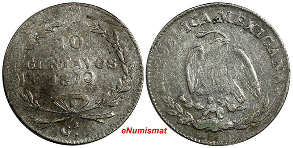 Mexico SECOND REPUBLIC Silver 1870 Ca 10 Centavos Mint-17,000 RARE KM# 401.1 (3)