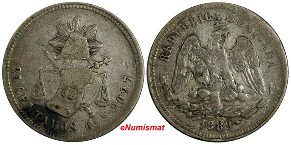 MEXICO Silver 1889 Ga S 25 Centavos Guadalajara Mint-30,000 KM# 406.4 (19 154)