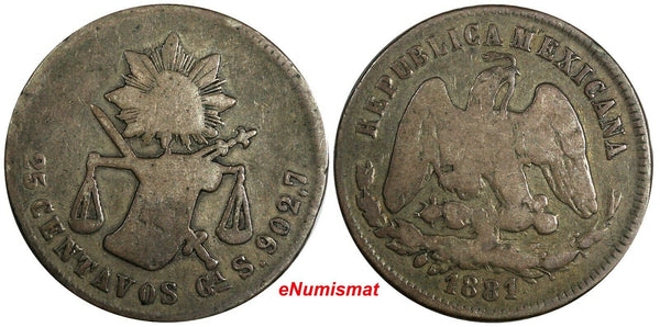 MEXICO Silver 1881 Ga S 25 Centavos Guadalajara Mint-39,000 KM# 406.4 (19 156)