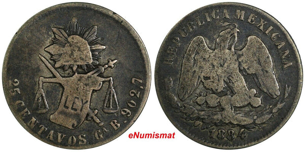 MEXICO Silver 1884 Ga B 25 Centavos Guadalajara Mint SCARCE KM# 406.4 (19 157)