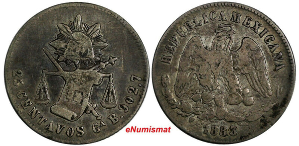 MEXICO Silver 1883/2 Ga B/S 25 Centavos Guadalajara OVERDATE VERY RARE KM# 406.4
