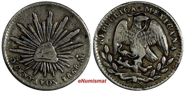 Mexico SECOND REPUBLIC Silver 1868 Mo 5 Centavos ch.VF SCARCE KM# 397 (19 169)