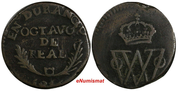 MEXICO War Of Independence DURANGO Copper 1816 D 1/8 Real 23 mm KM# 61 (19 175)