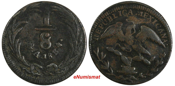 Mexico FIRST REPUBLIC Copper 1834 1/8 Real "Octavo" Toned KM# 333 (19 178)