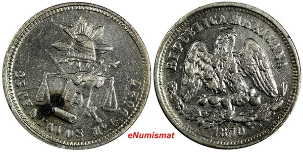 MEXICO Silver 1870 Mo C 25 Centavos Mexico Mint -136,000 KM#406.7 (19 180)