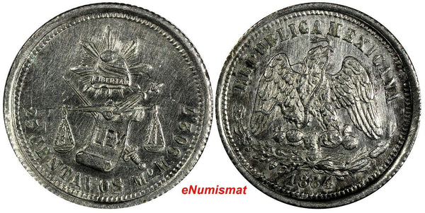 MEXICO Silver 1884 Mo M 25 Centavos Mexico Mint XF Condition  KM#406.7 (19 184)